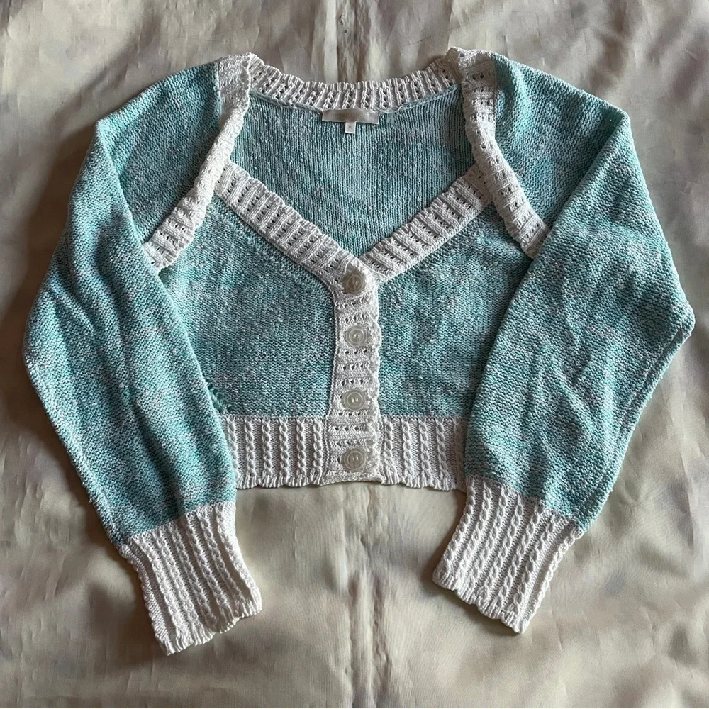LoveShackFancy- Cotton Candy Geneve Crop Knit Sweater Cardigan Baby Blue Size XL